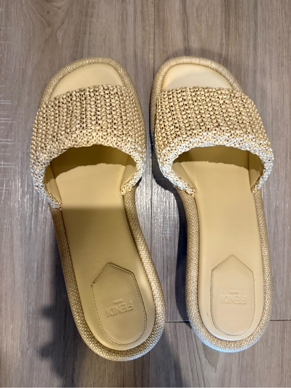 Fendi Natural Raffia Slide Sandals in Beige